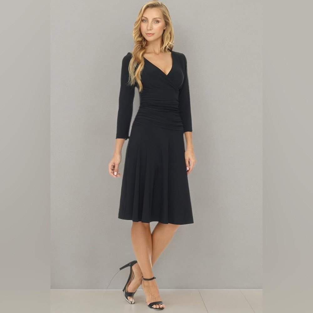 Rekucci Women's Slimming 3/4 Sleeve Fit-and-Flare Crossover Tummy Control Dress